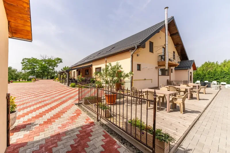 Vedere laterală a pensiunii, cu terasă amenajată și alee pavată în roșu și alb